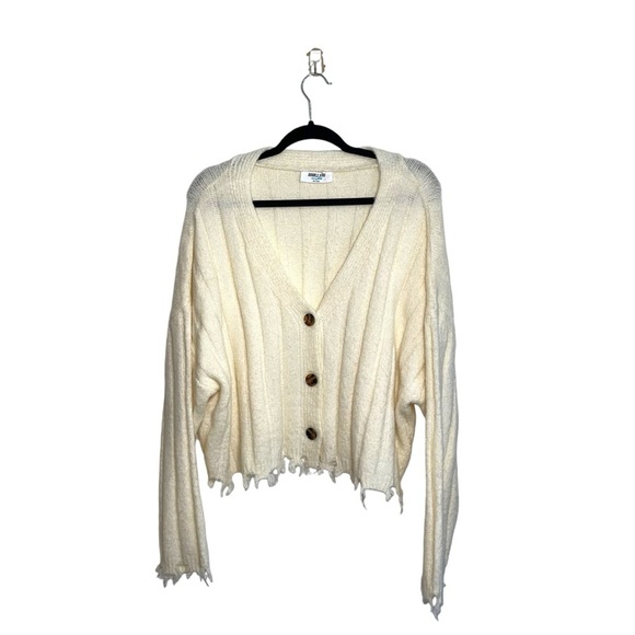 Double Zero Cream Thick Knit Ribbed Fray Hem Cardigan Sweater Medium Women’s - Picture 1 of 10
